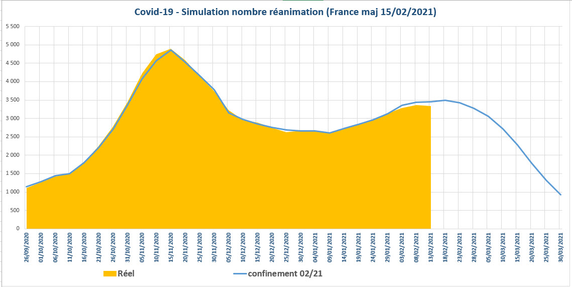 Covid 19 simulation prévisions du nombre de réanimations en France au 15-02-2021